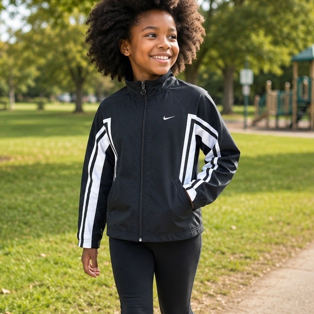 VTG Nike Track Jacket Kids S Black Y2K Full Zip Mesh Lined 249341-010 Youth